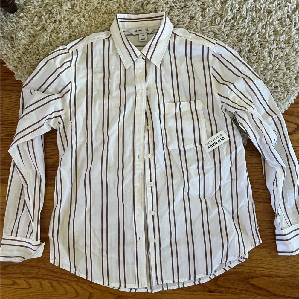 NWT cute Old Navy women’s XS White and brown Striped Shirt 100% cotton